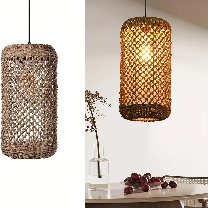 Vintage Straw Lampshade Rustic Pastoral Rattan Woven Pendant Light-labpiecesign
