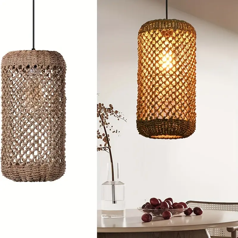 Vintage Straw Lampshade Rustic Pastoral Rattan Woven Pendant Light