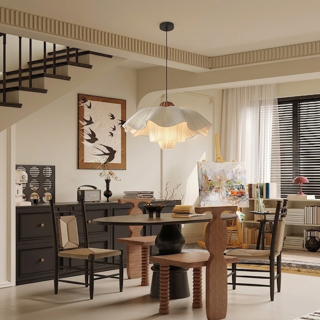 Wabi-Sabi Style Flower Fabric Pendant Light for Dining Room
