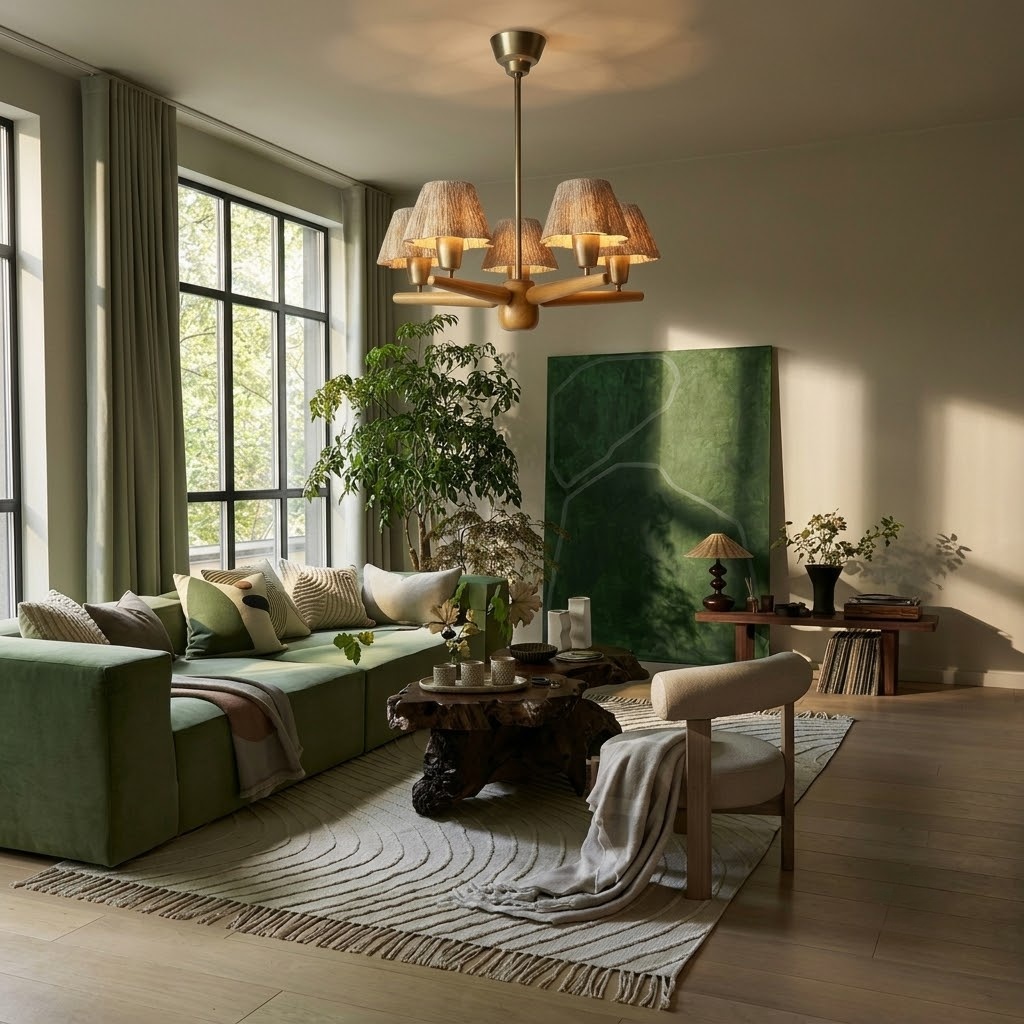 Mid-Century Solid Wood Fabric Chandelier for Dining Room & Bedroom