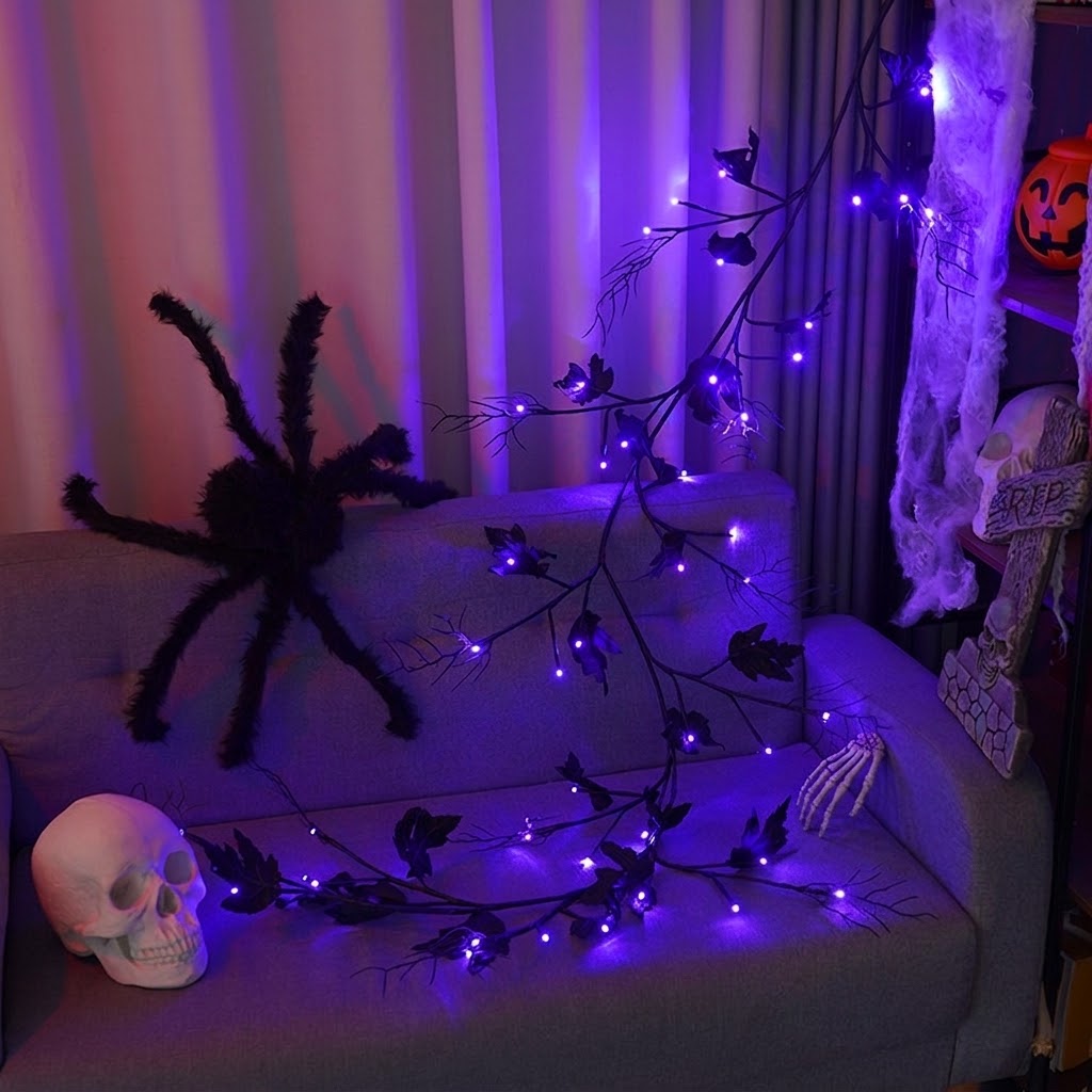 🕷️ Halloween Coral Branch String Lights with Black Maple Leaves
