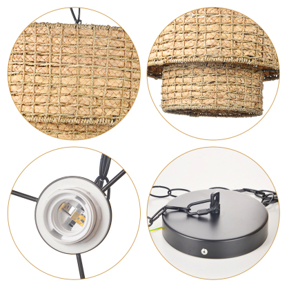 Double layer Natural Rattan Shade Traditional Drum Hanging Pendant Light-labpiecesign