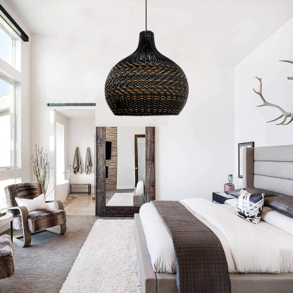 Black Pattern Basket Lampshade Vintage Rattan Pendant Light-labpiecesign