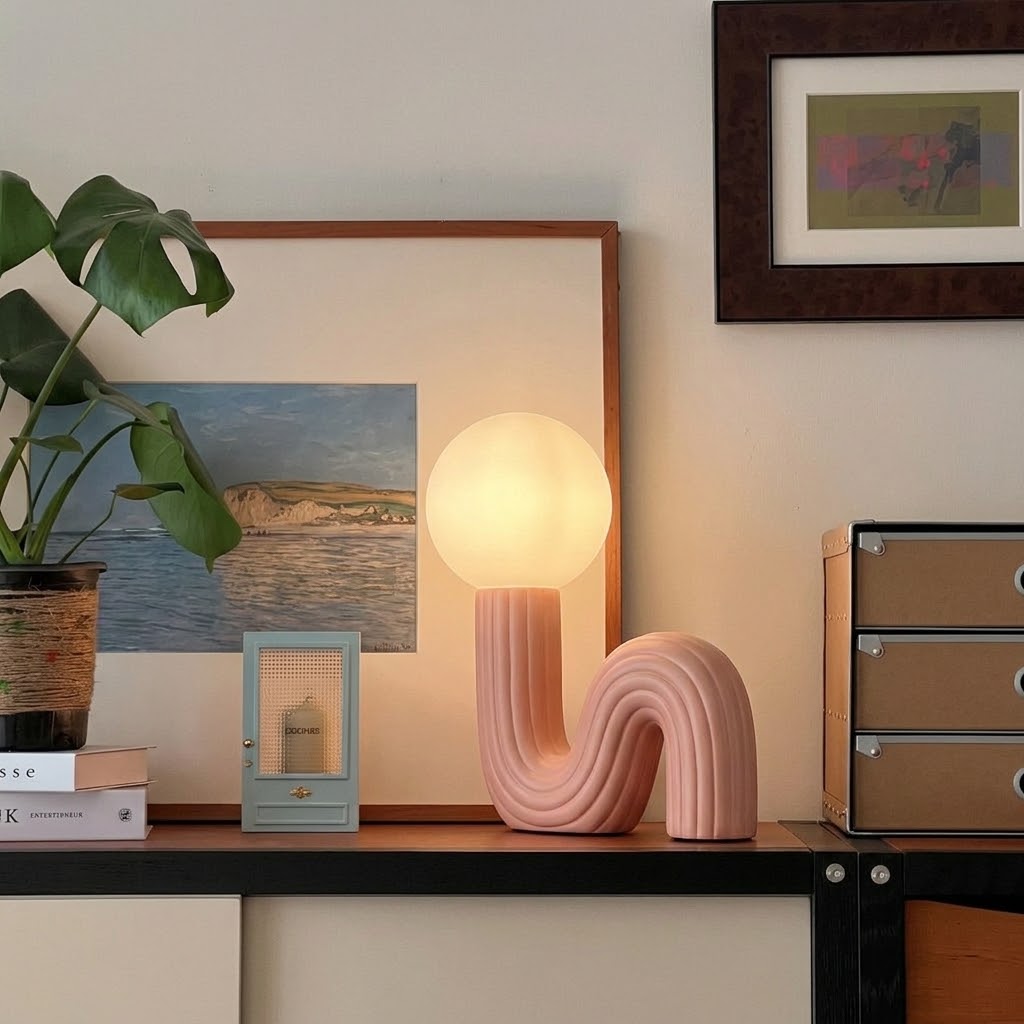 Sculptural Wave Resin Table Lamp with Glass Globe Shade