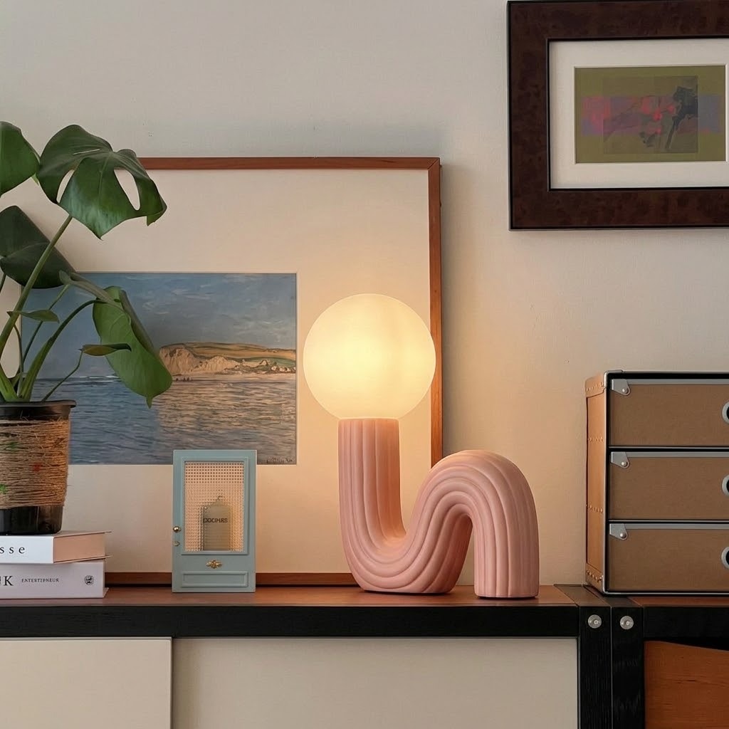 Sculptural Wave Resin Table Lamp with Glass Globe Shade