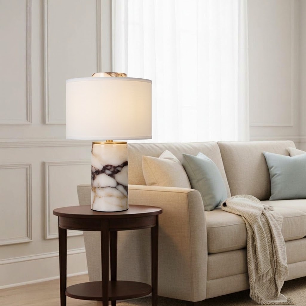 Modern Stone Base Table Lamp with White Fabric Shade for Bedroom