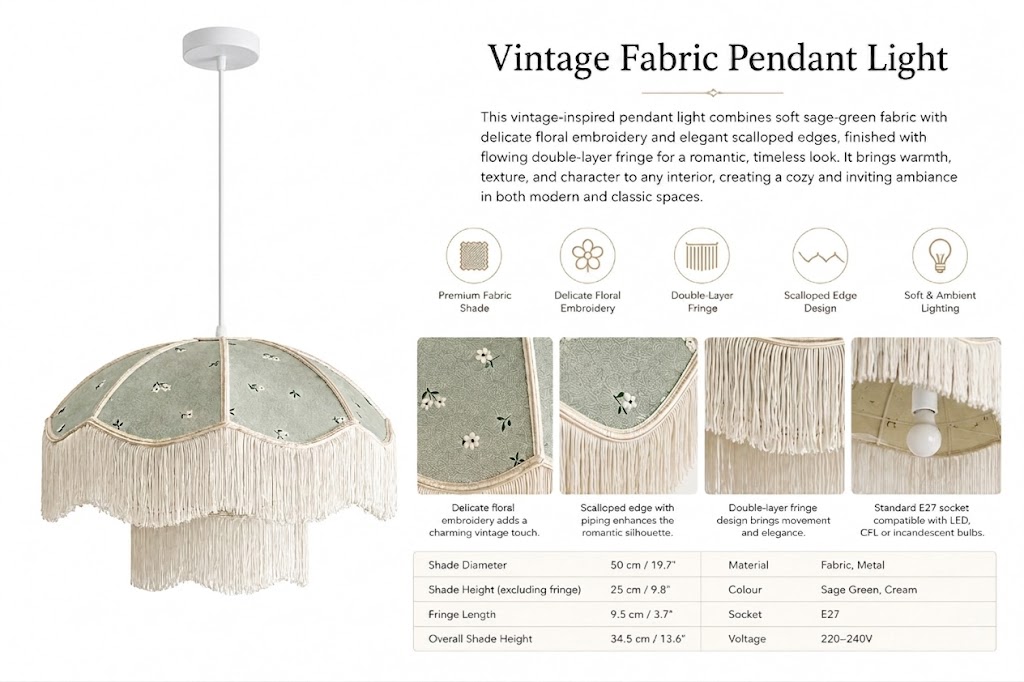 Vintage Floral Fabric Pendant Light with Layered Fringe