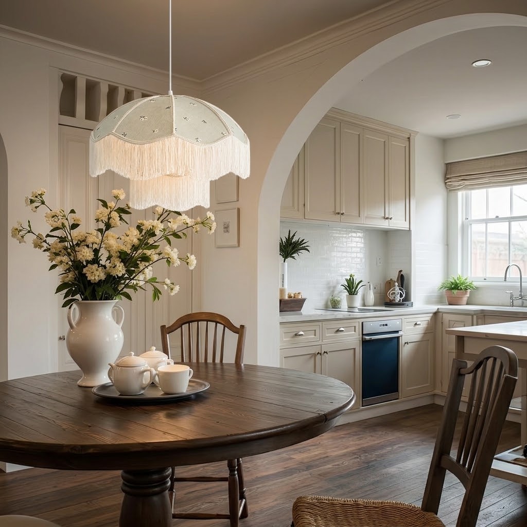 Vintage Floral Fabric Pendant Light with Layered Fringe
