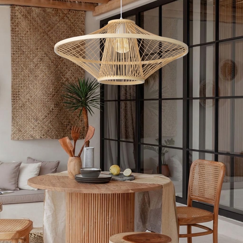 Handwoven Natural Rattan Cage Pendant Light, Coastal Modern Style, 23.6" Wide