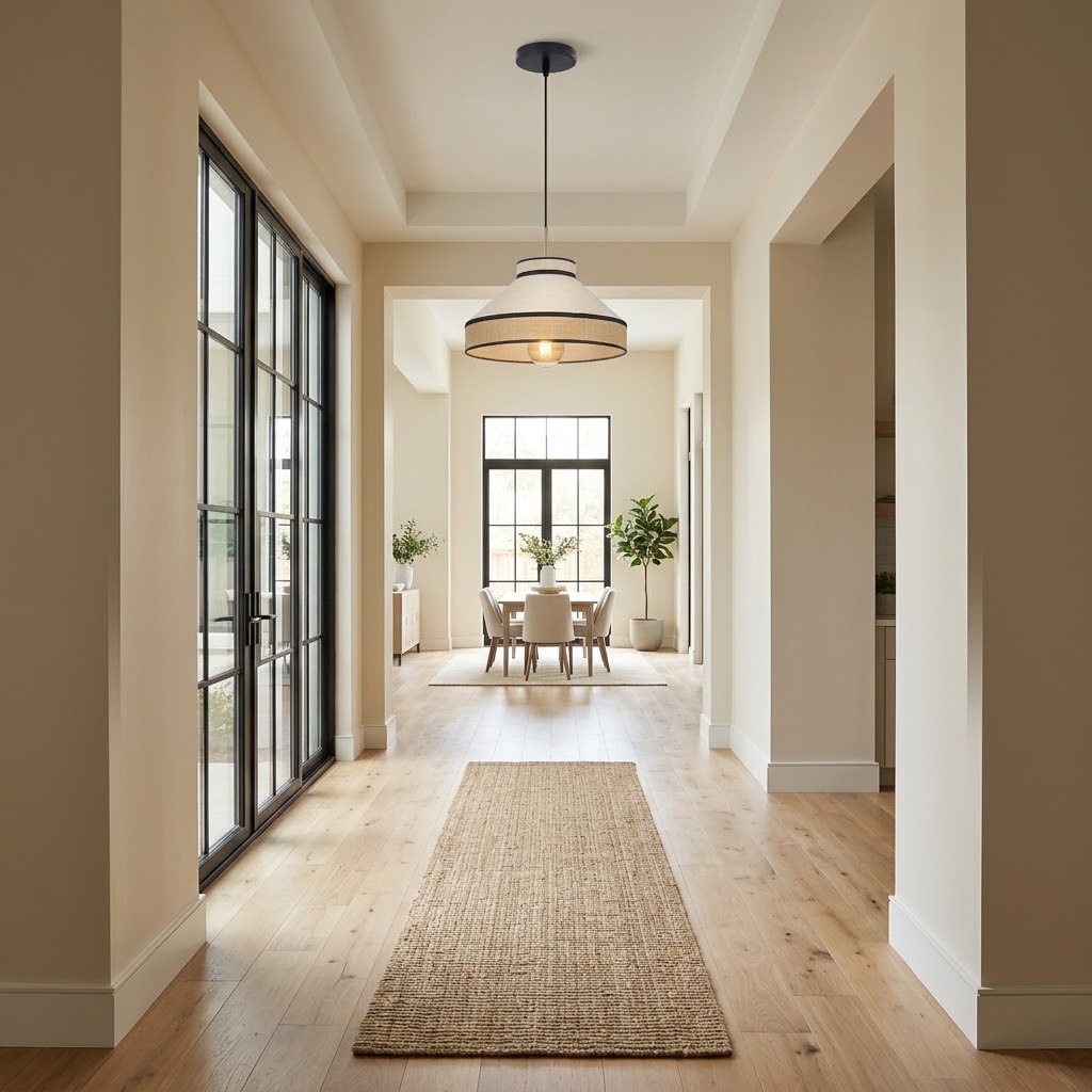 Modern Organic Linen Pendant Light with Black Trim | Fabric Hanging Shade Light