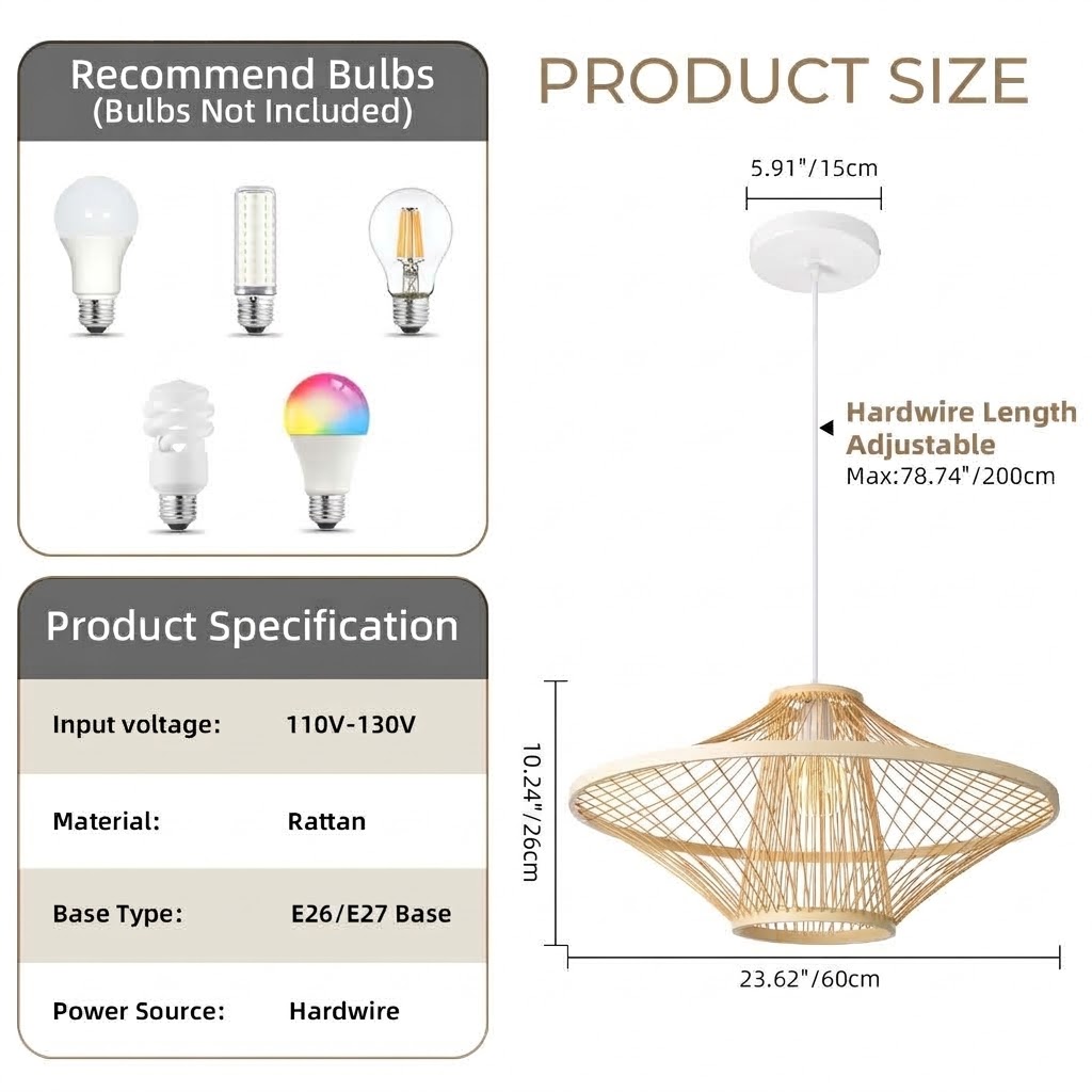 Handwoven Natural Rattan Cage Pendant Light, Coastal Modern Style, 23.6" Wide