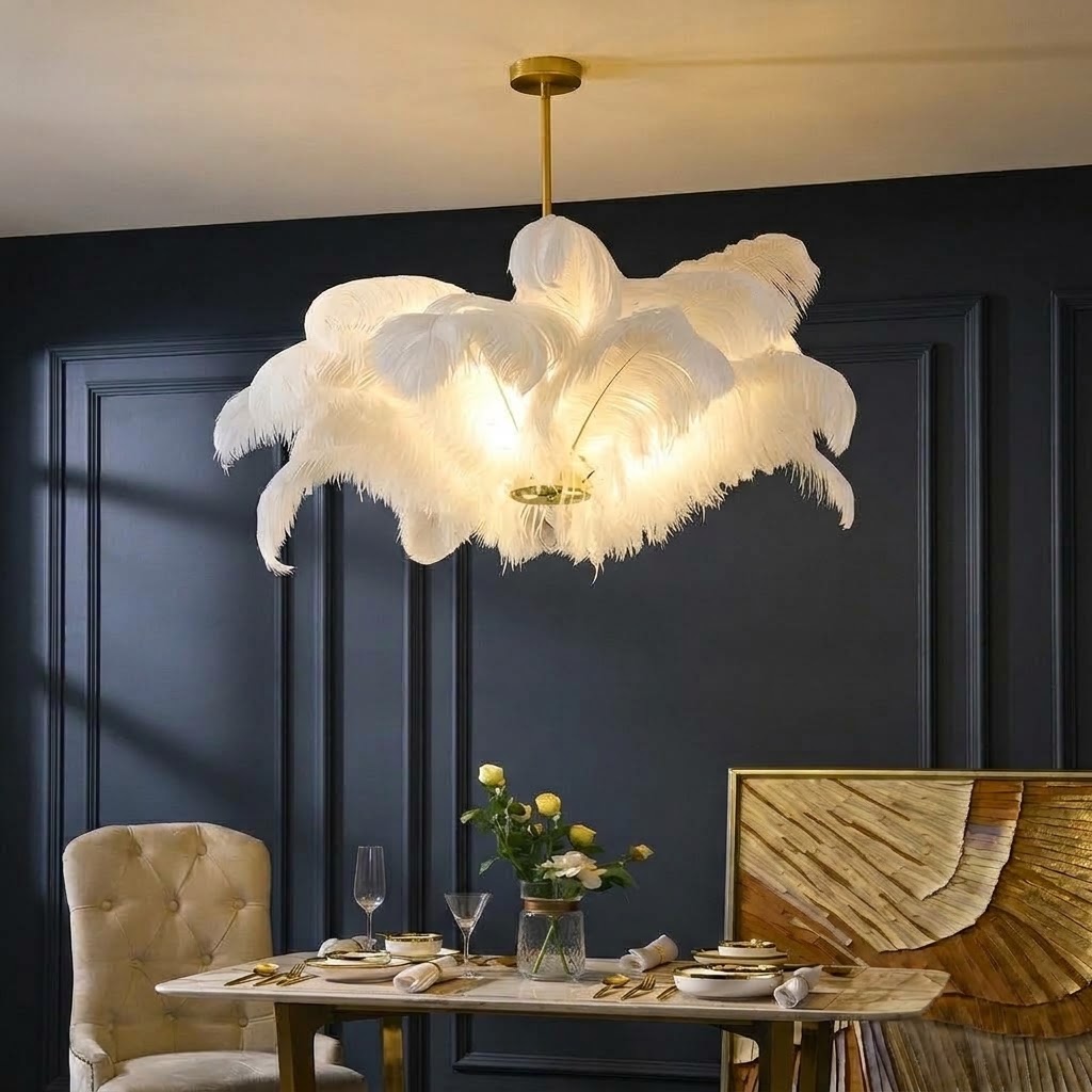 Elegant White Ostrich Feather Chandelier for Bedroom & Living Room