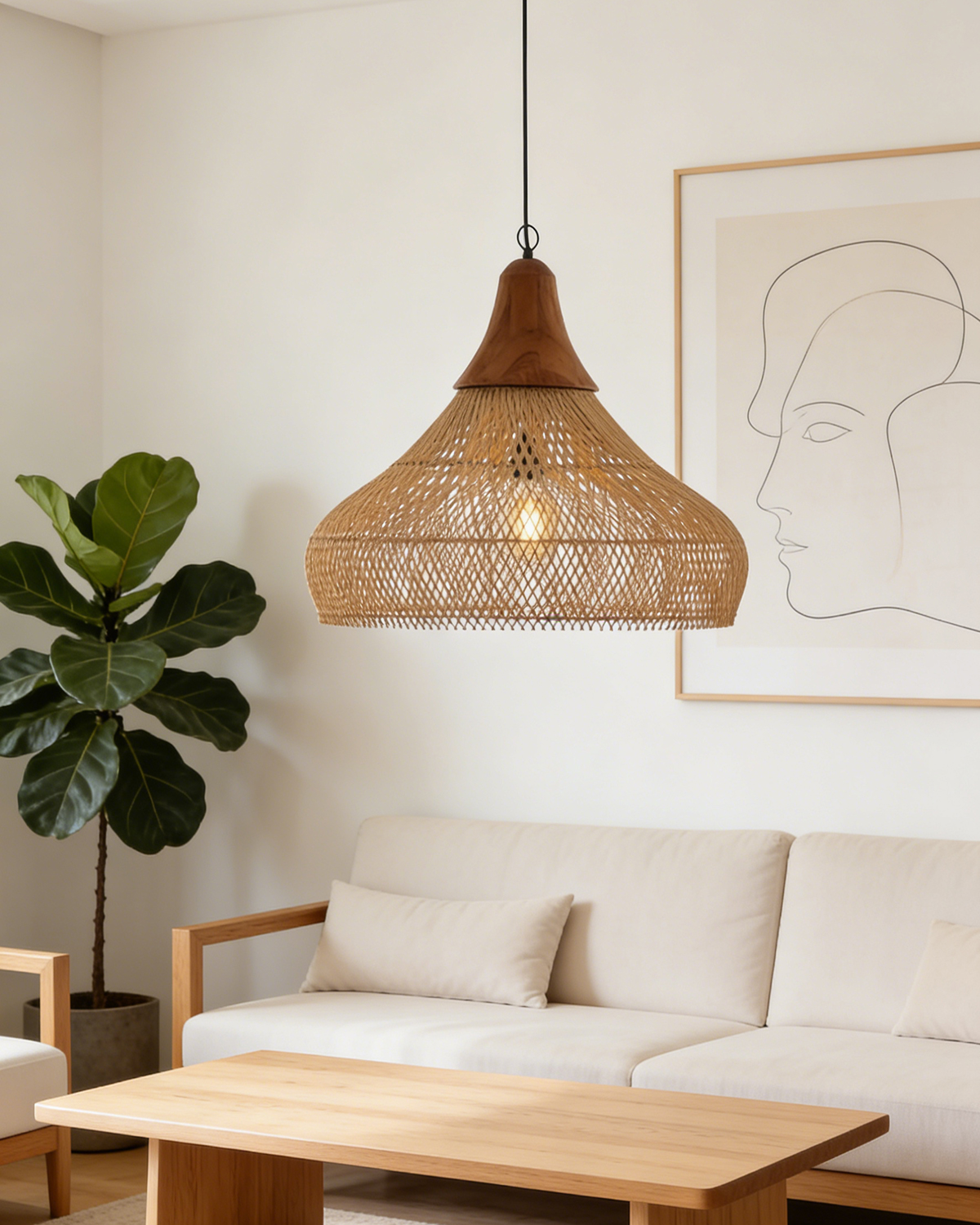 Dome Rattan Woven Pendant Lamp for Living Room