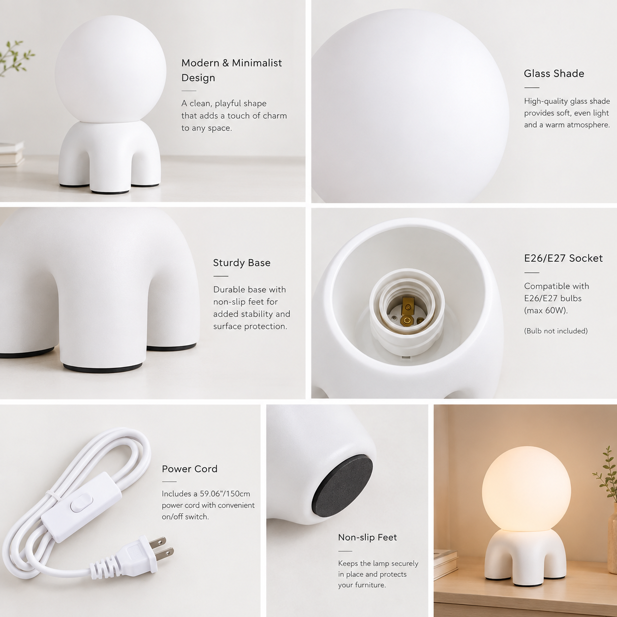 Modern Sculptural Globe Table Lamp with Frosted Glass & Arch Base