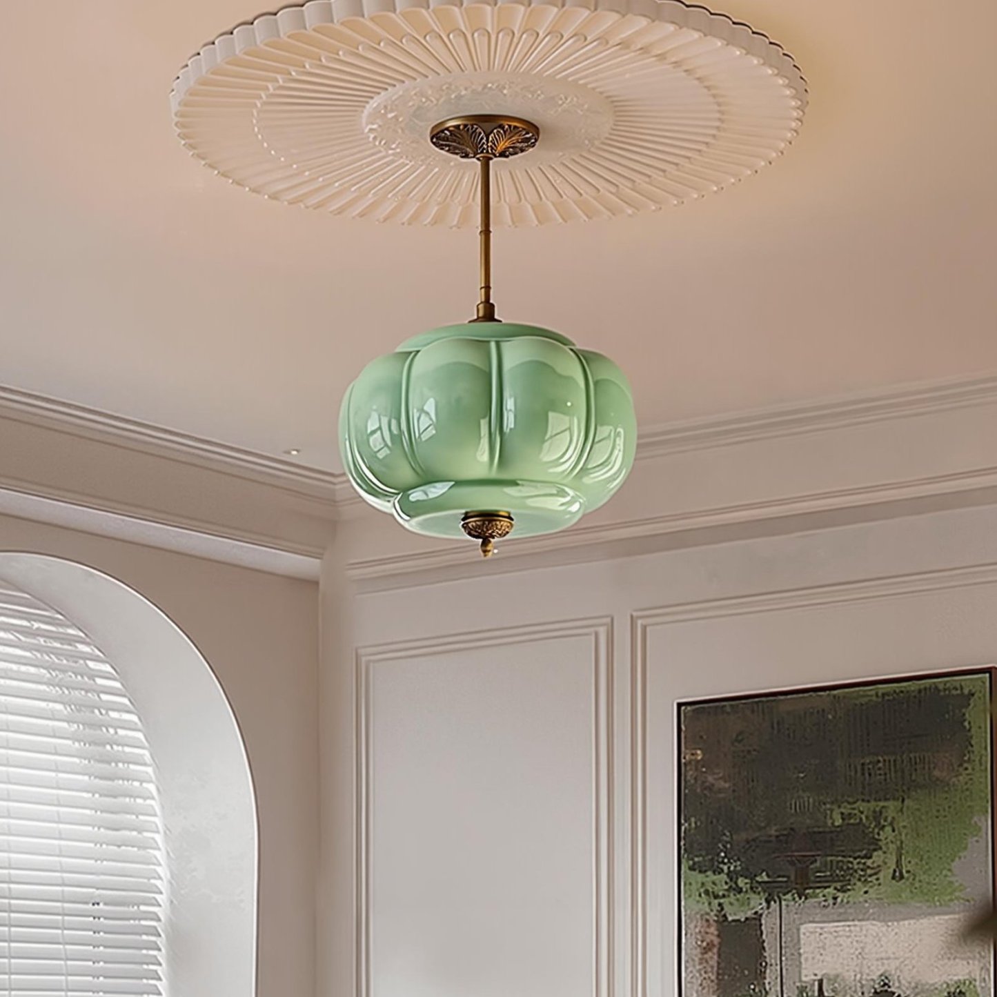 Vortan Antique Brass Green Glass Semi-Flush Mount Pendant Lamp