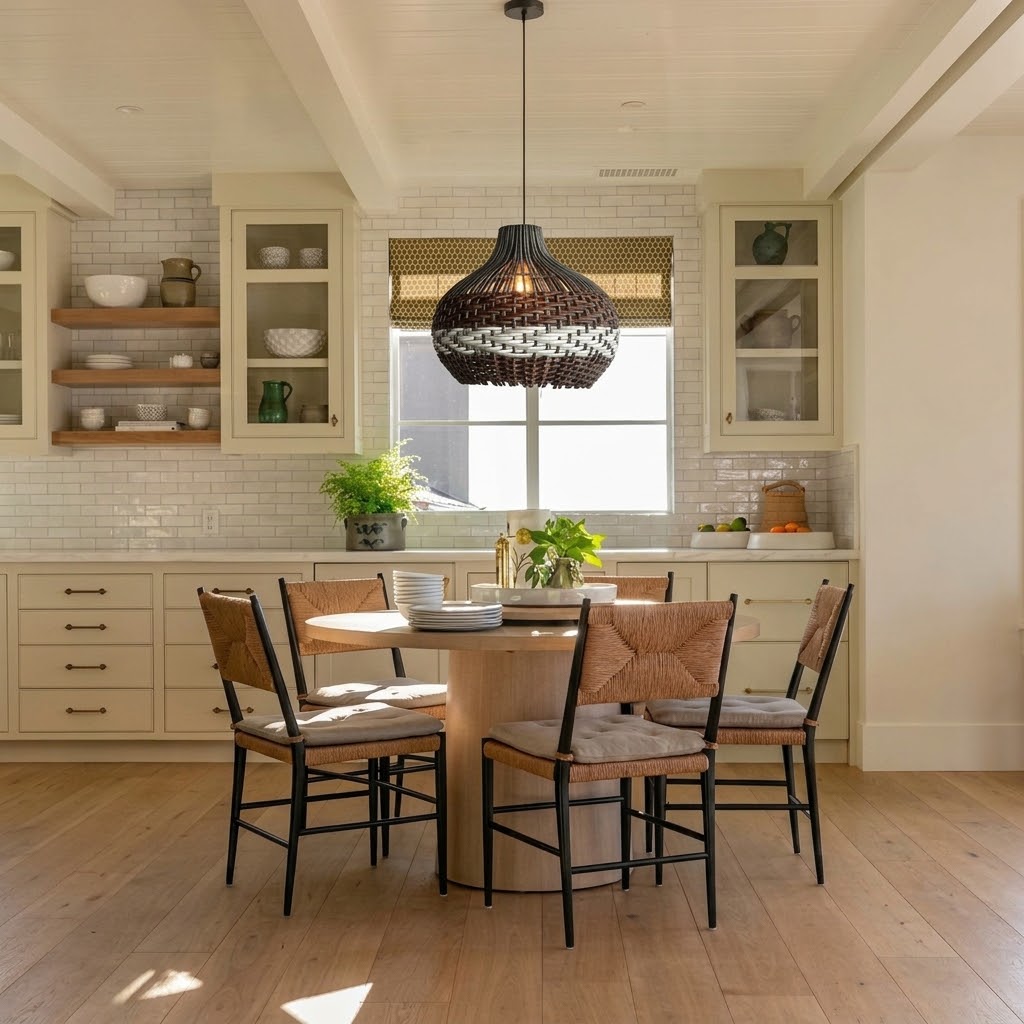 Black Rattan Pendant Light – Boho Dome Kitchen Island Lighting with Brown & White Weave