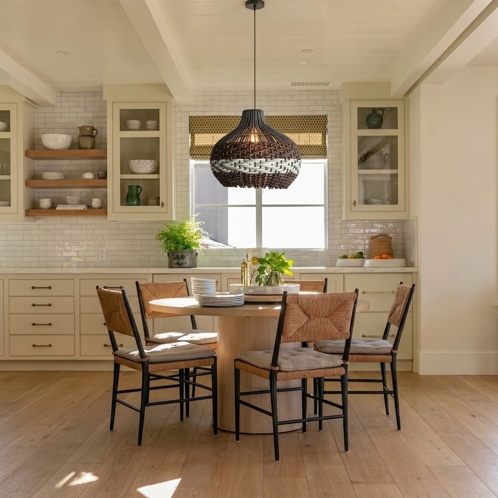 Black Rattan Pendant Light – Boho Dome Kitchen Island Lighting with Brown & White Weave