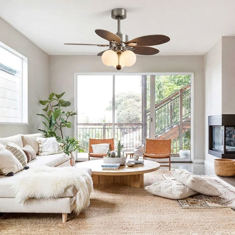 Mid-Century Walnut Ceiling Fan with Globe Lights for Living Room