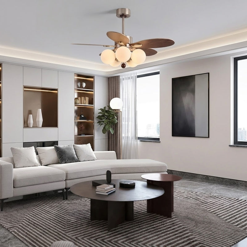 Mid-Century Walnut Ceiling Fan with Globe Lights for Living Room
