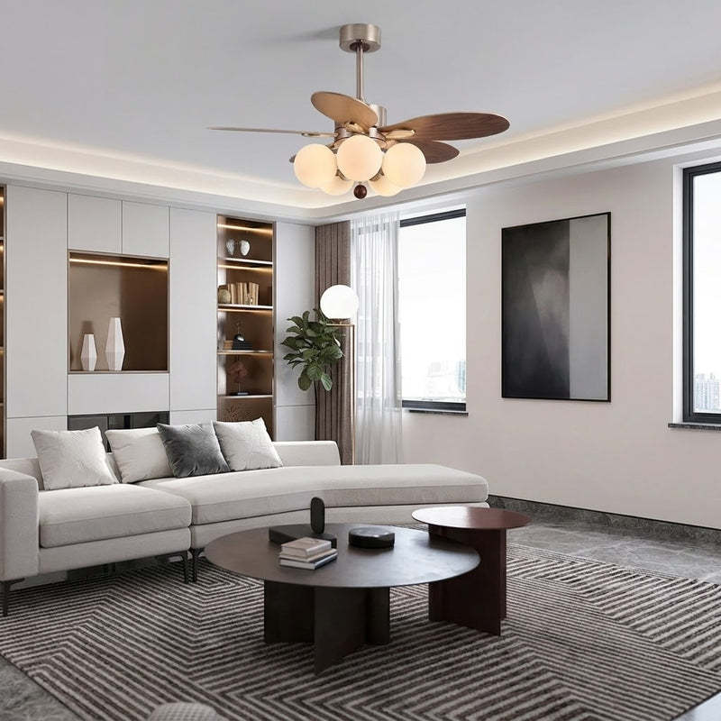 Mid-Century Walnut Ceiling Fan with Globe Lights for Living Room