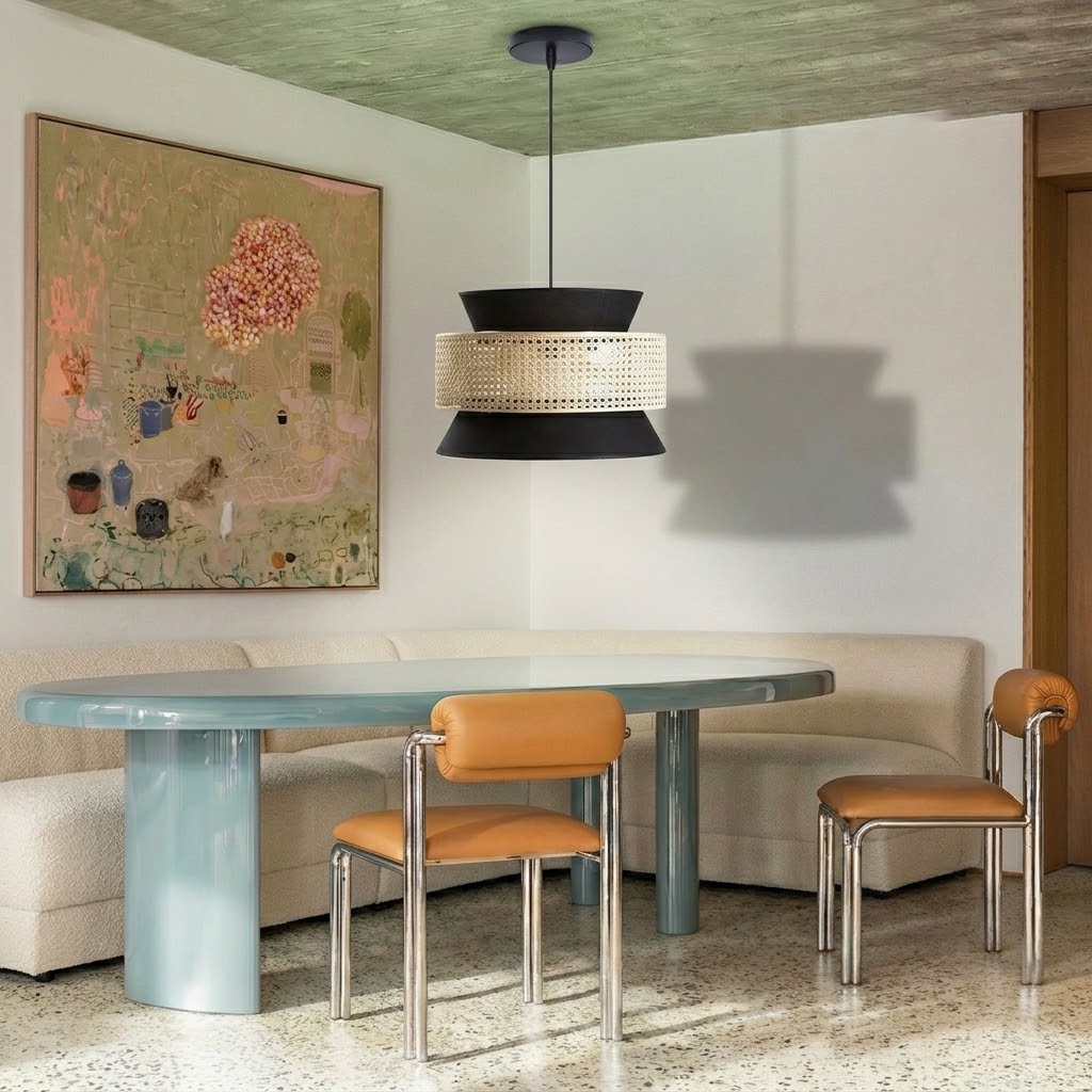 Modern Boho Black Fabric and Rattan Tiered Pendant Light for Dining Room