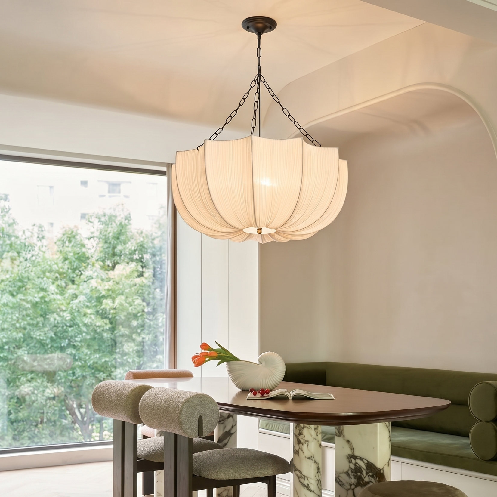 French-style Fabric Pendant Light,Elegant Minimalist Lighting for Living Room and Dining Room