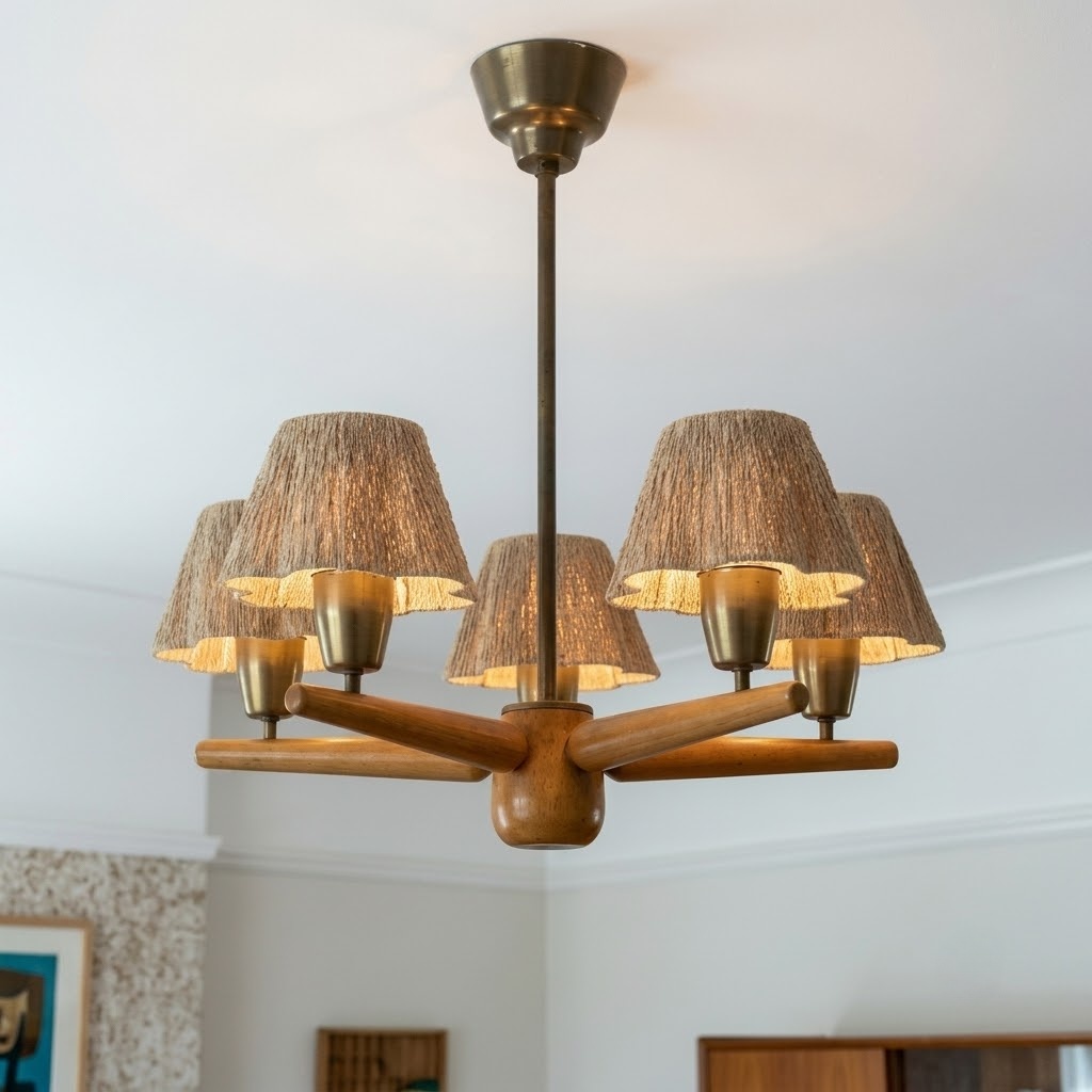 Mid-Century Solid Wood Fabric Chandelier for Dining Room & Bedroom