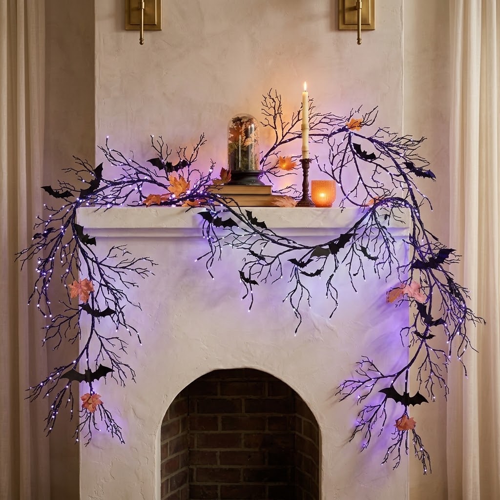 🕷️ Halloween Coral Branch String Lights with Black Maple Leaves