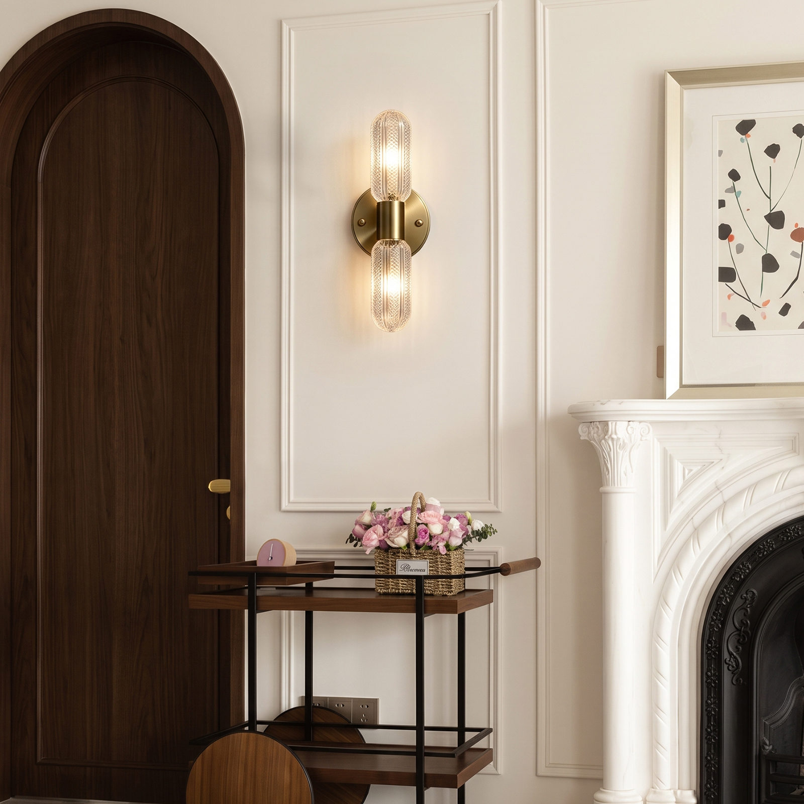 French Luxury Double Head Glass Wall Light-Modern Brass Sconce for Bedroom Living Room & Hallway