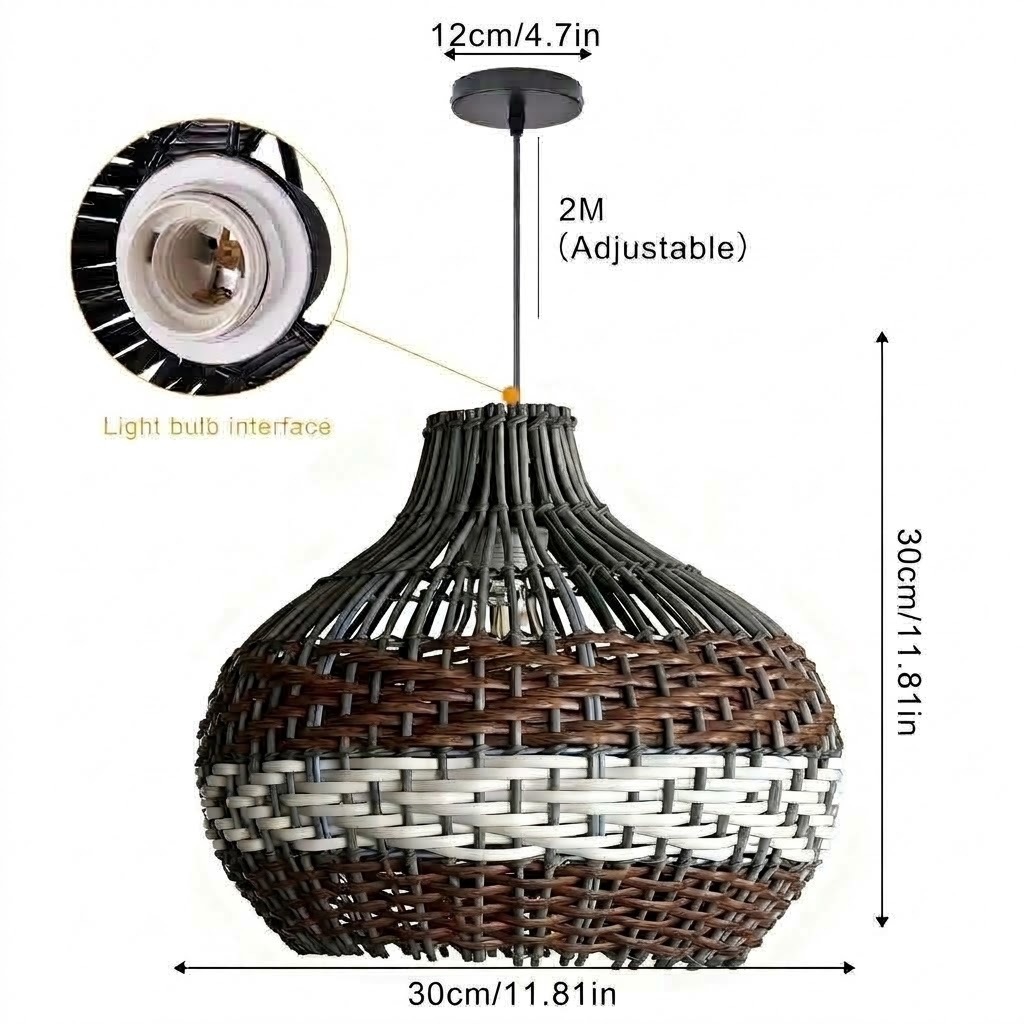 Black Rattan Pendant Light – Boho Dome Kitchen Island Lighting with Brown & White Weave
