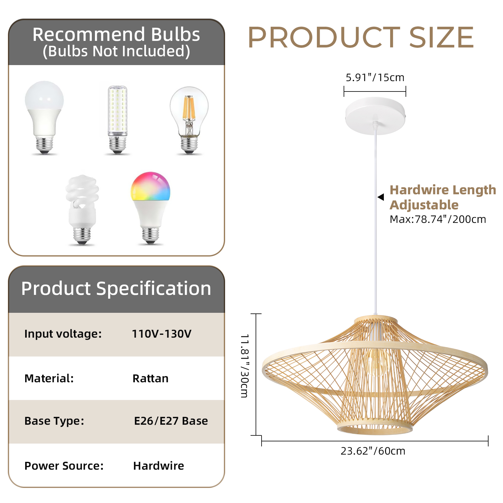 Handwoven Natural Rattan Cage Pendant Light, Coastal Modern Style, 23.6" Wide