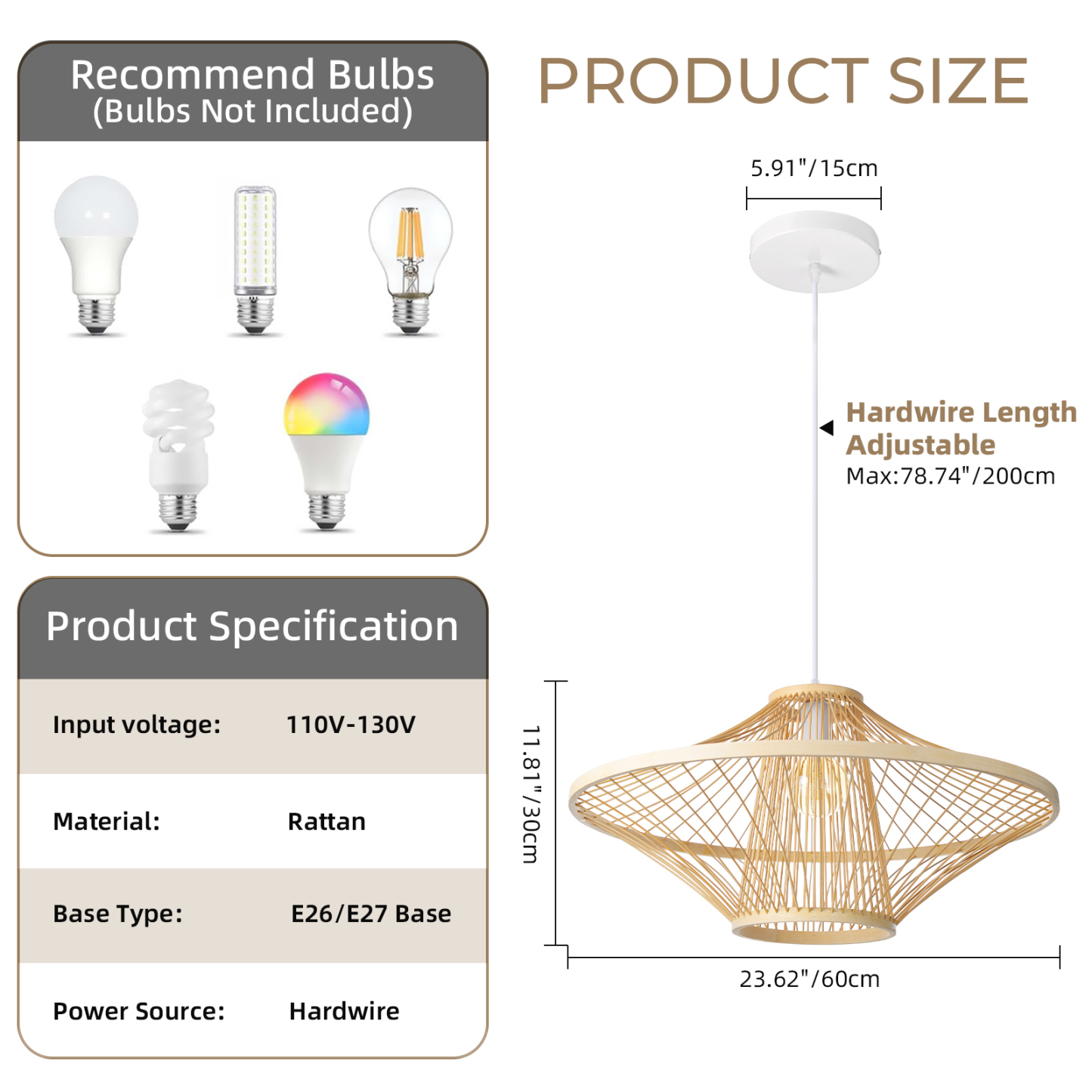 Handwoven Natural Rattan Cage Pendant Light, Coastal Modern Style, 23.6" Wide