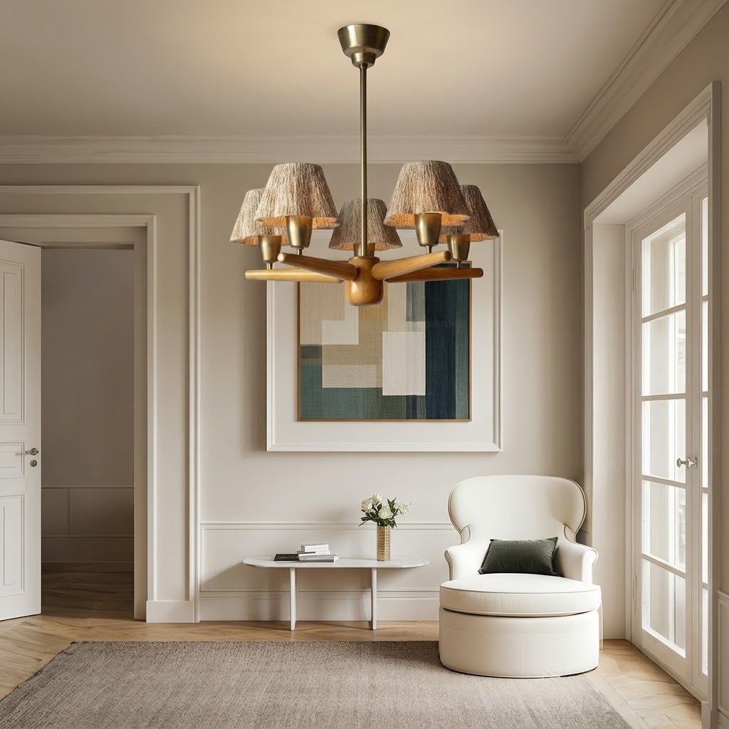 Mid-Century Solid Wood Fabric Chandelier for Dining Room & Bedroom