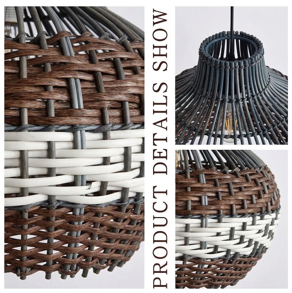 Black Rattan Pendant Light – Boho Dome Kitchen Island Lighting with Brown & White Weave
