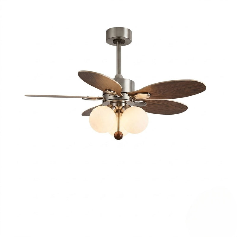 Mid-Century Walnut Ceiling Fan with Globe Lights for Living Room