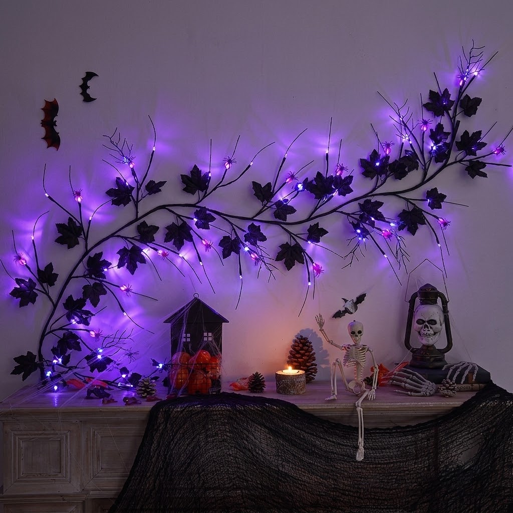 🕷️ Halloween Coral Branch String Lights with Black Maple Leaves