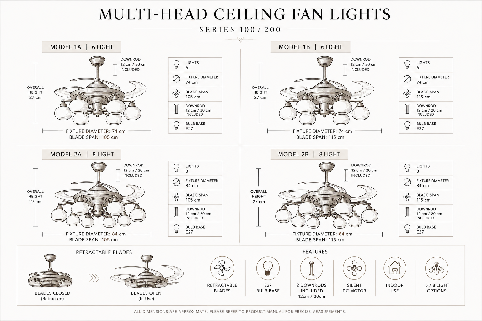 Mid-Century Walnut Retractable Ceiling Fan with Lights for Living Room