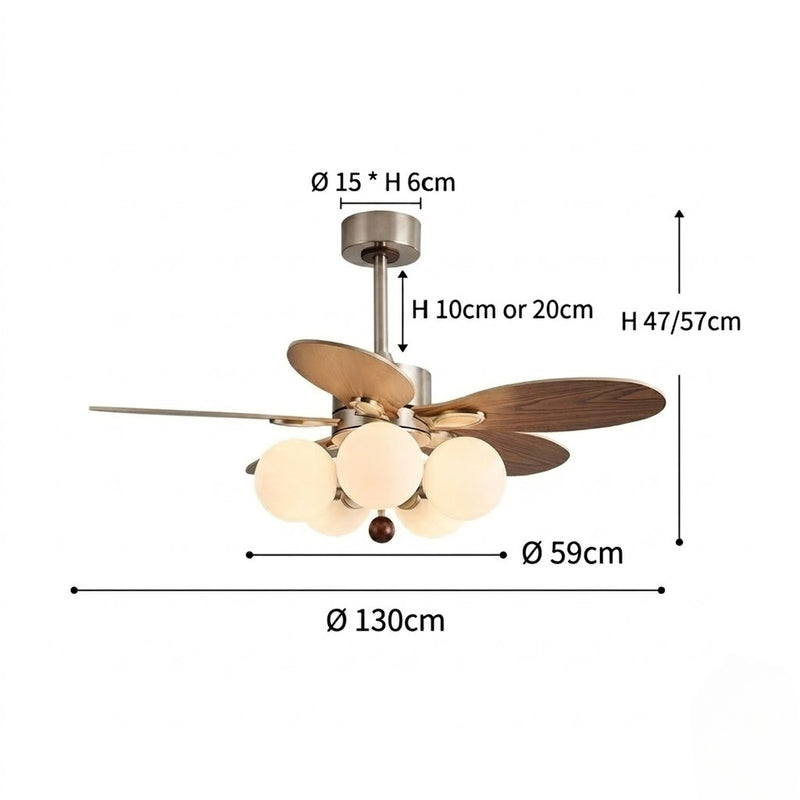 Mid-Century Walnut Ceiling Fan with Globe Lights for Living Room