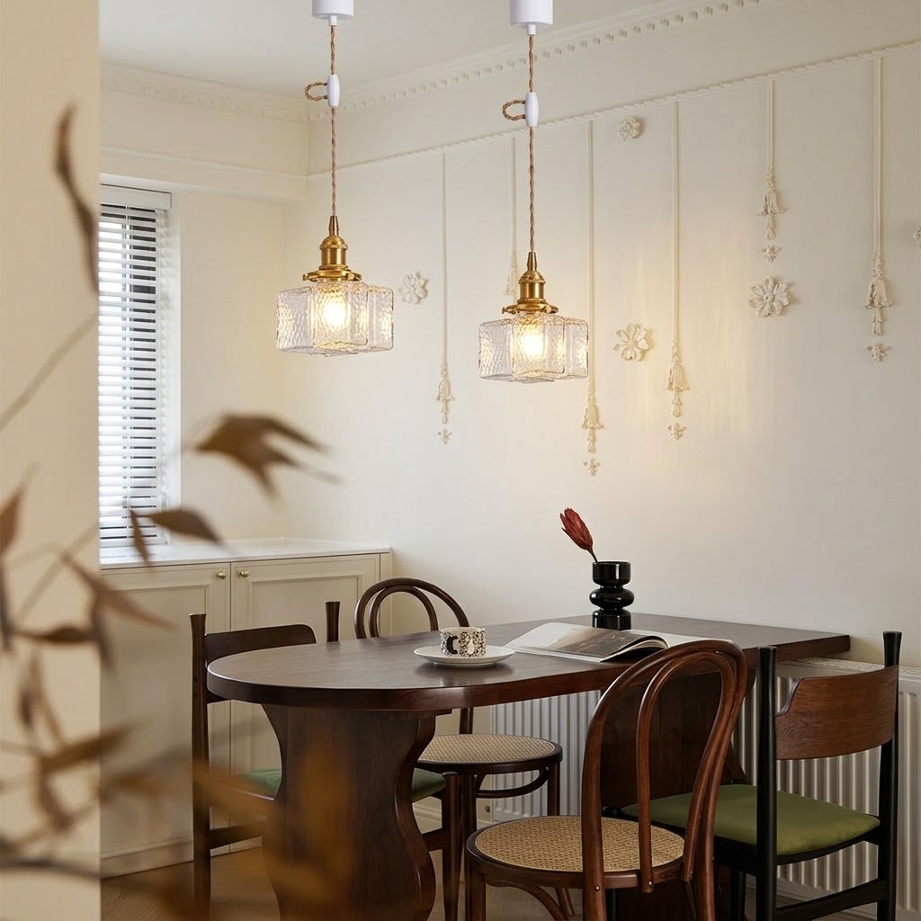 Modern Handblown Glass Pendant Light - Vintage Brass Square Hanging Lamp