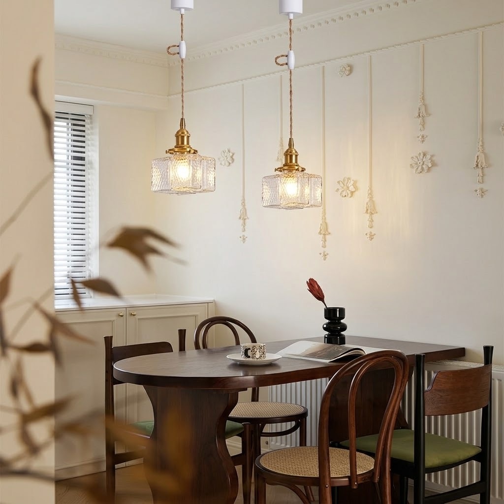 Modern Handblown Glass Pendant Light - Vintage Brass Square Hanging Lamp