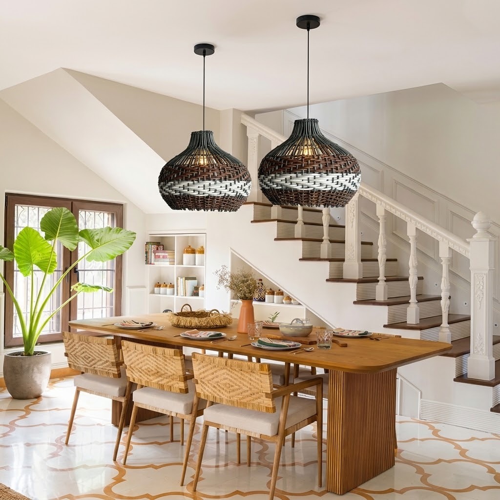 Black Rattan Pendant Light – Boho Dome Kitchen Island Lighting with Brown & White Weave