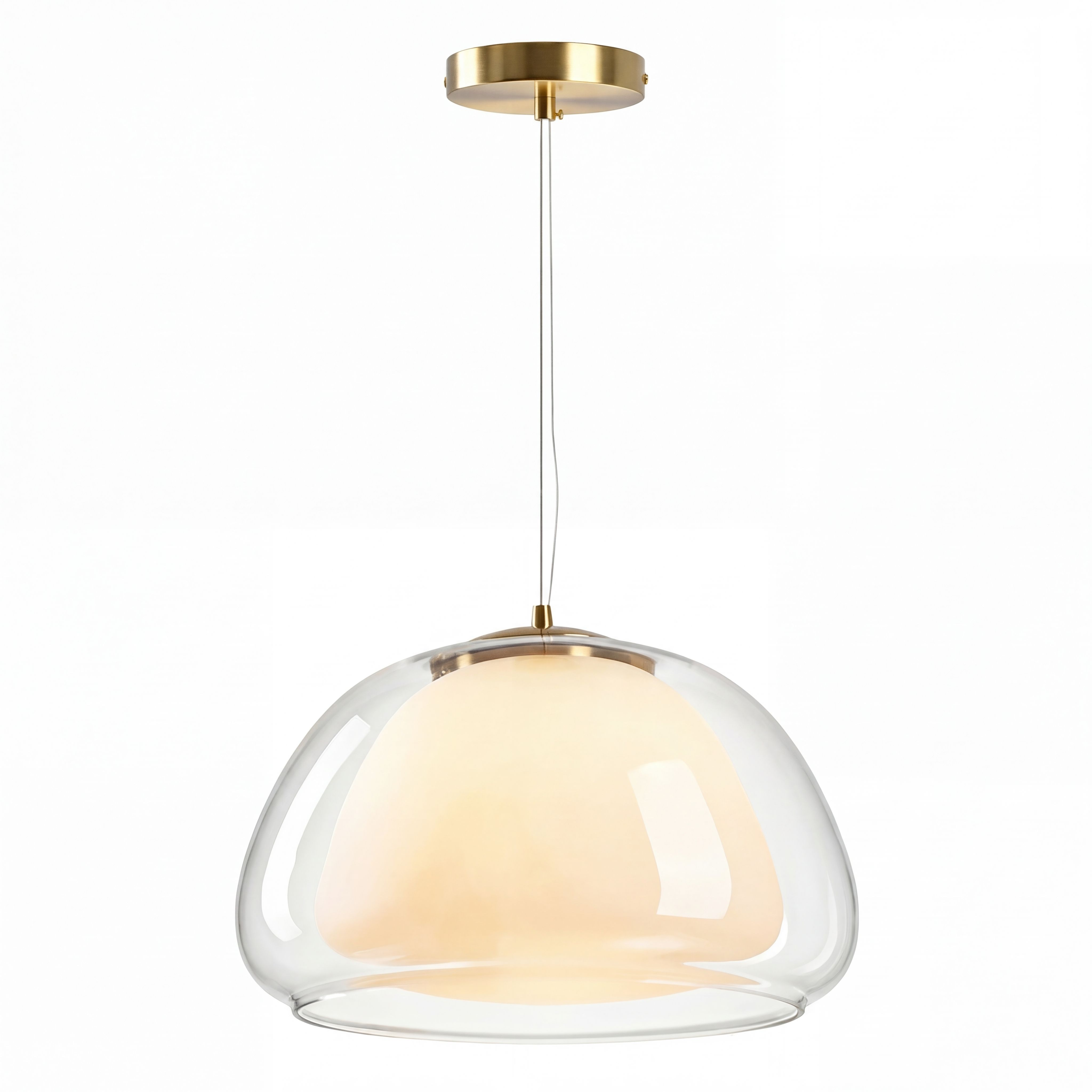 Modern Double Layer Glass Pendant Light Brass Dome Hanging Fixture