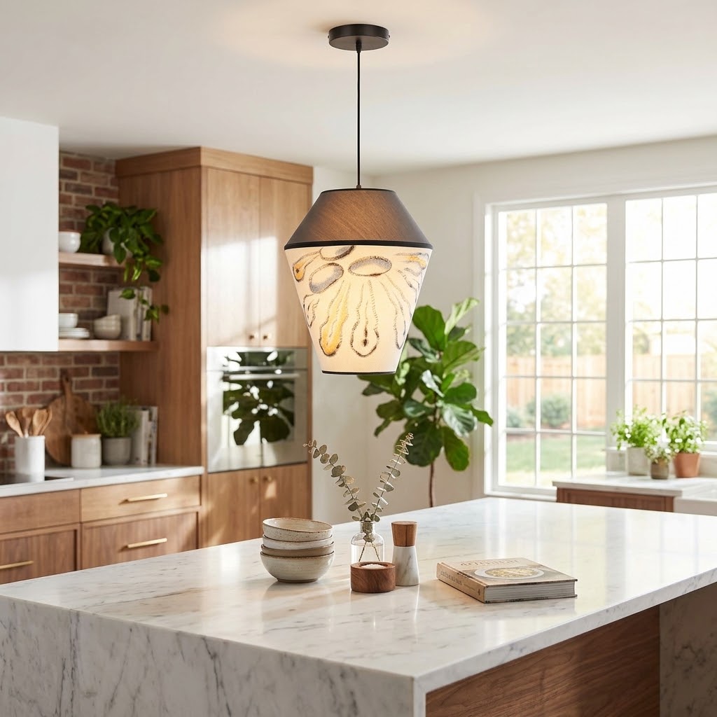 Modern Organic Two-Tone Fabric Pendant Light – Printed & Solid Shade