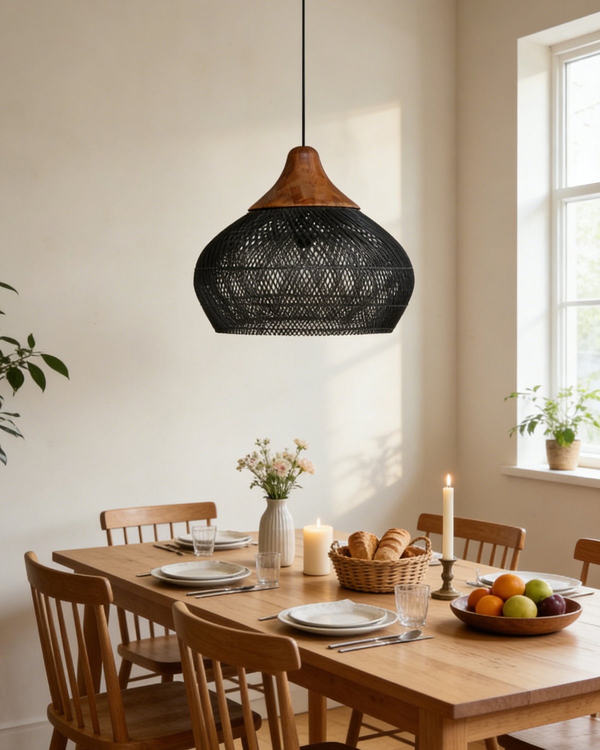 Black Rattan Dome Pendant Light for Kitchen Island
