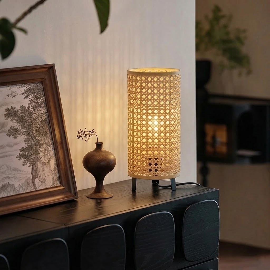 Woven Rattan Table Lamp with Black Metal Base for Bedroom and Living Room