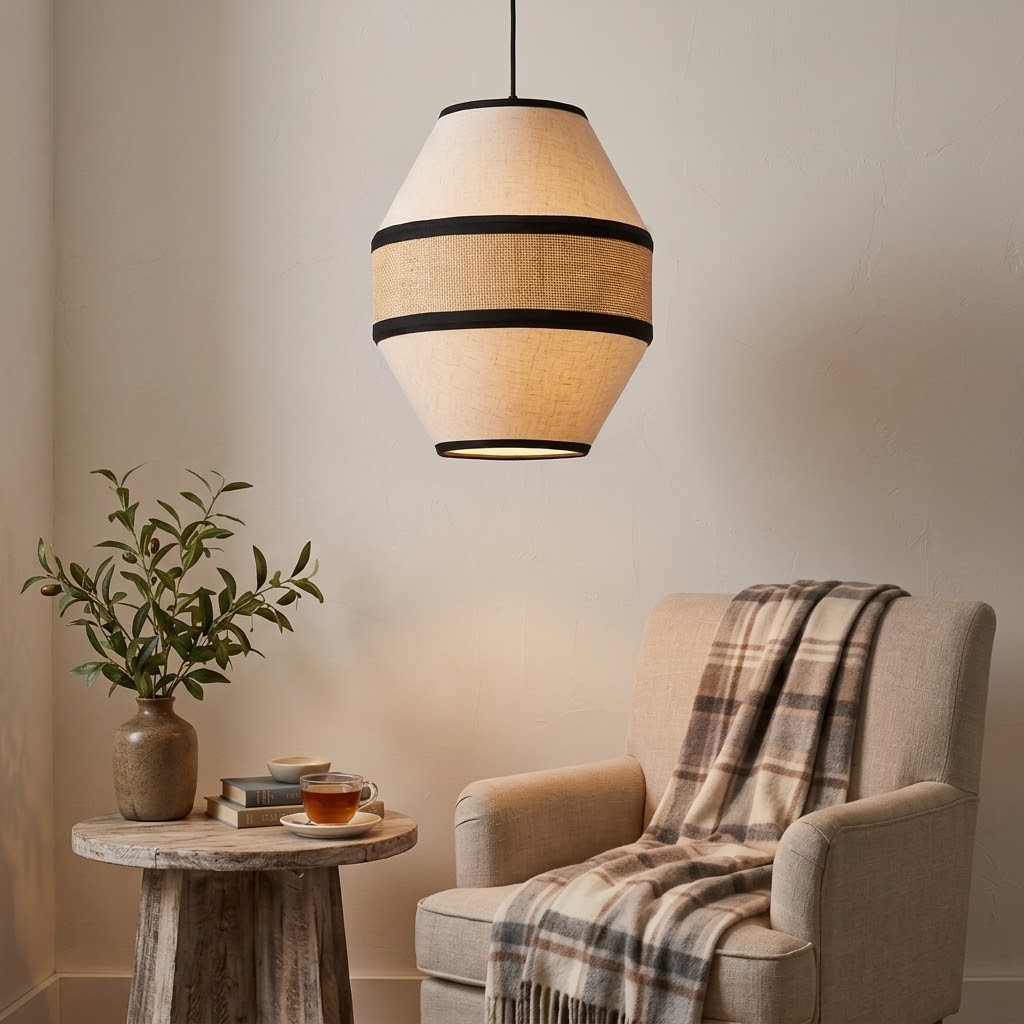 Japandi Linen Pendant Light - Modern Woven Rattan Drum Chandelier