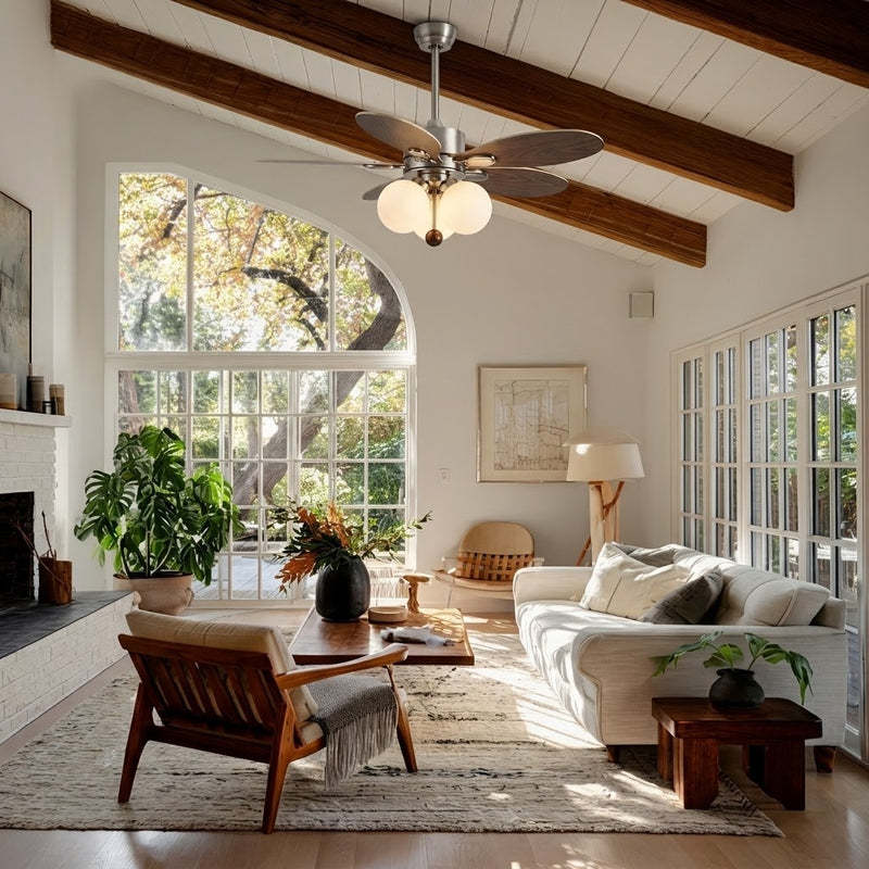 Mid-Century Walnut Ceiling Fan with Globe Lights for Living Room