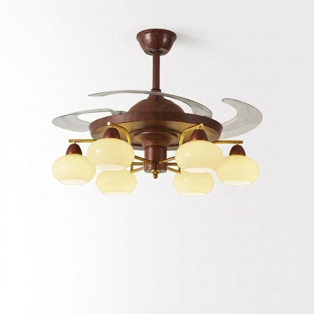 Mid-Century Walnut Retractable Ceiling Fan with Lights for Living Room