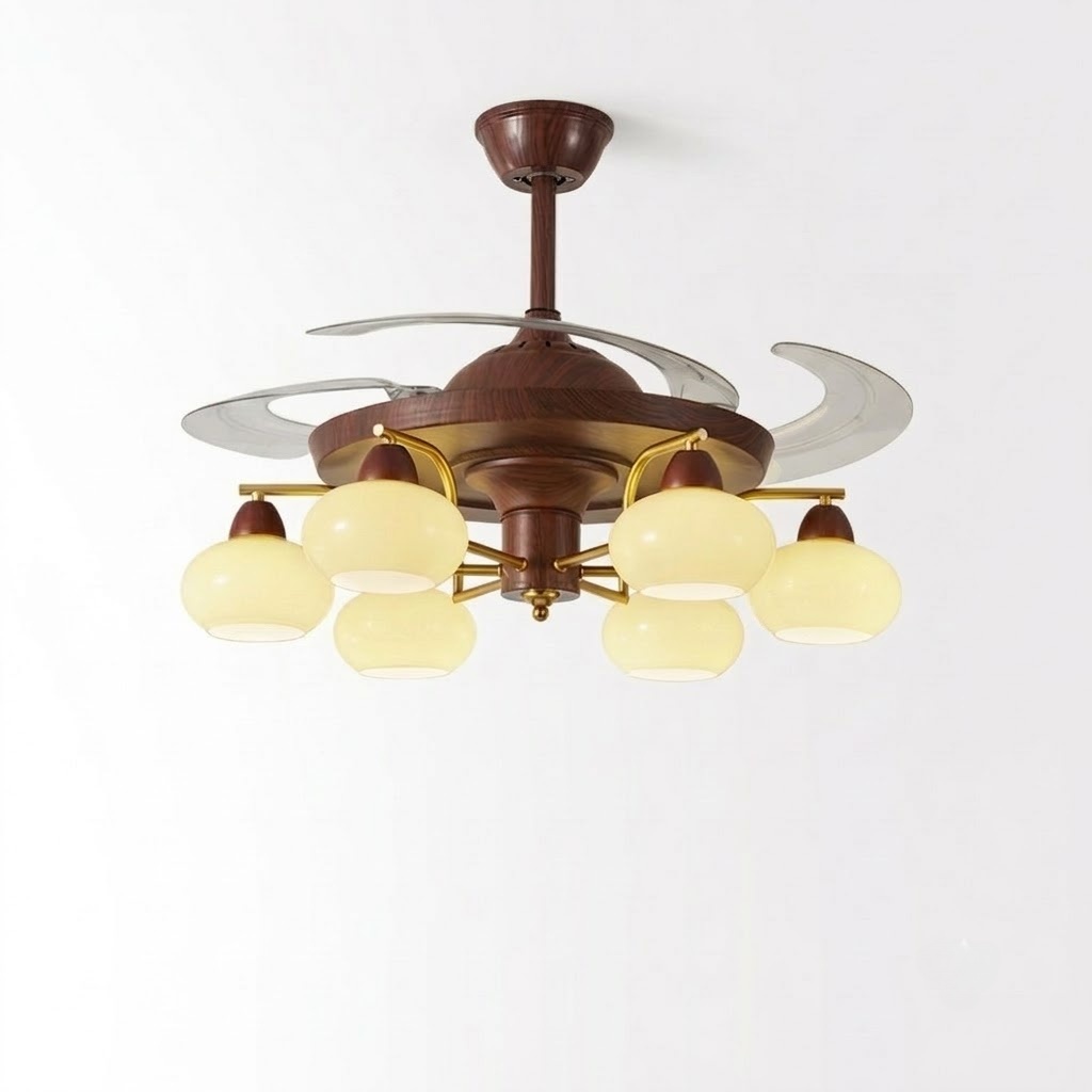 Mid-Century Walnut Retractable Ceiling Fan with Lights for Living Room