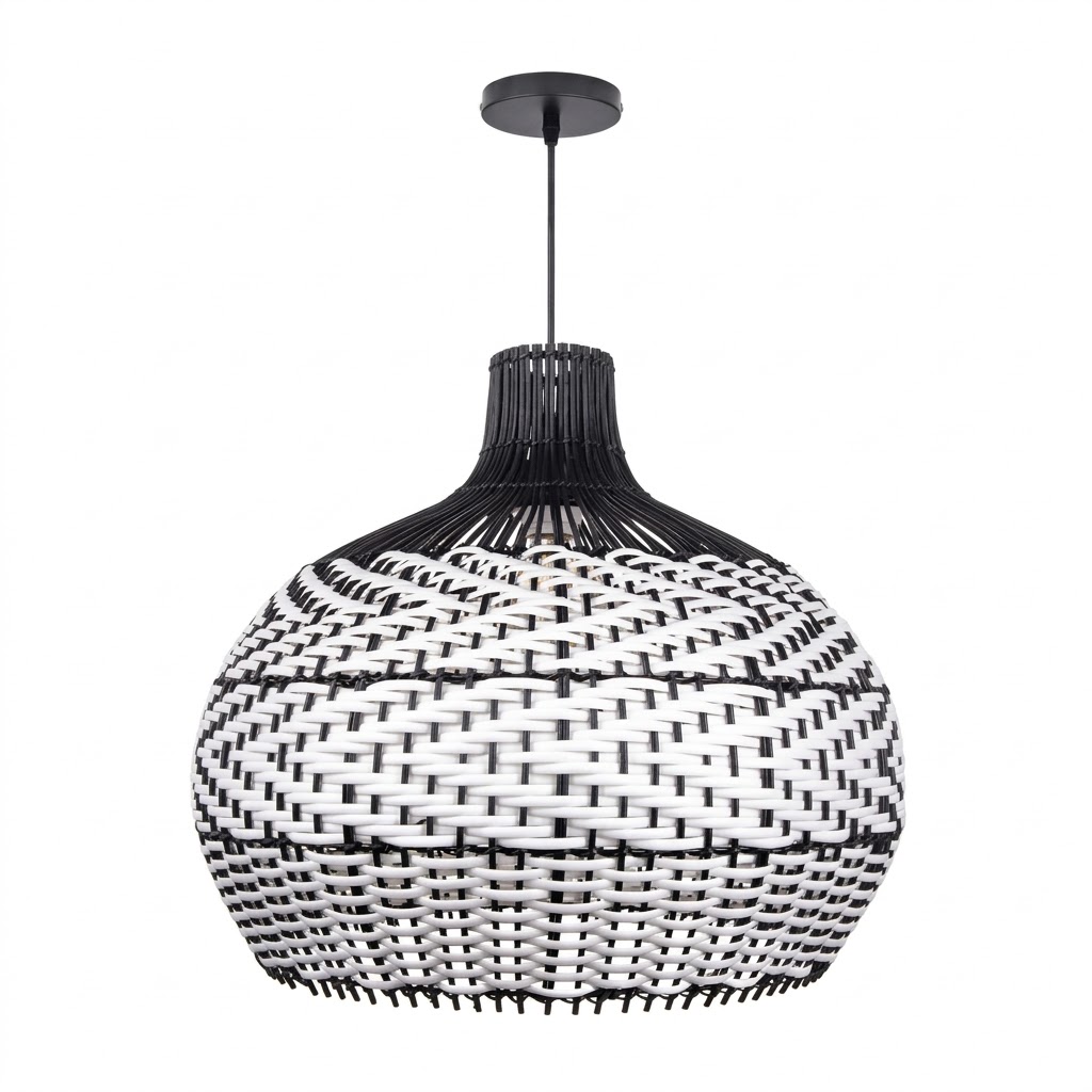 Black & White Woven Rattan Pendant Light – Boho Dome Lighting for Kitchen & Dining